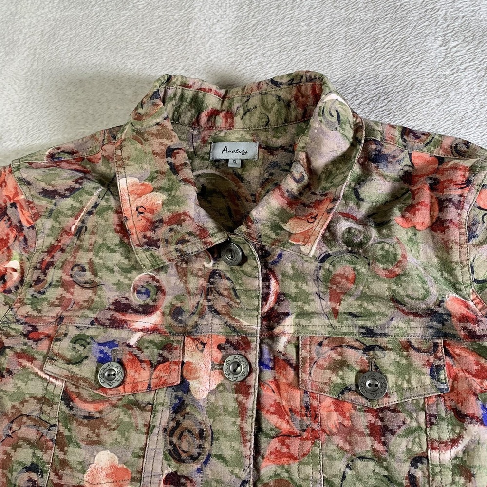 Analogy Denim‎ Jacket Womens XL Multicolor Floral Quilted Button Front Stretch